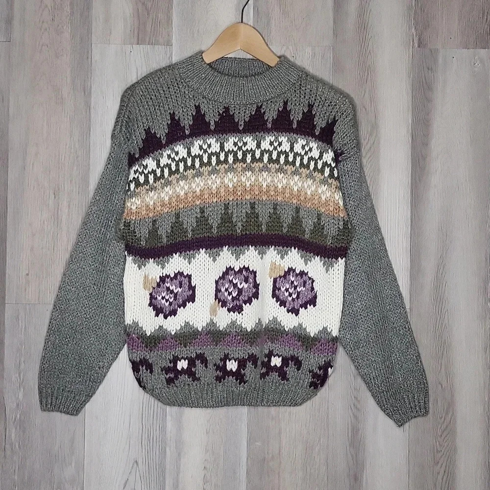 Shenanigans Womens M‎ Vintage Hand Knit Sweater Ramie Floral Nordic Cottage NEW